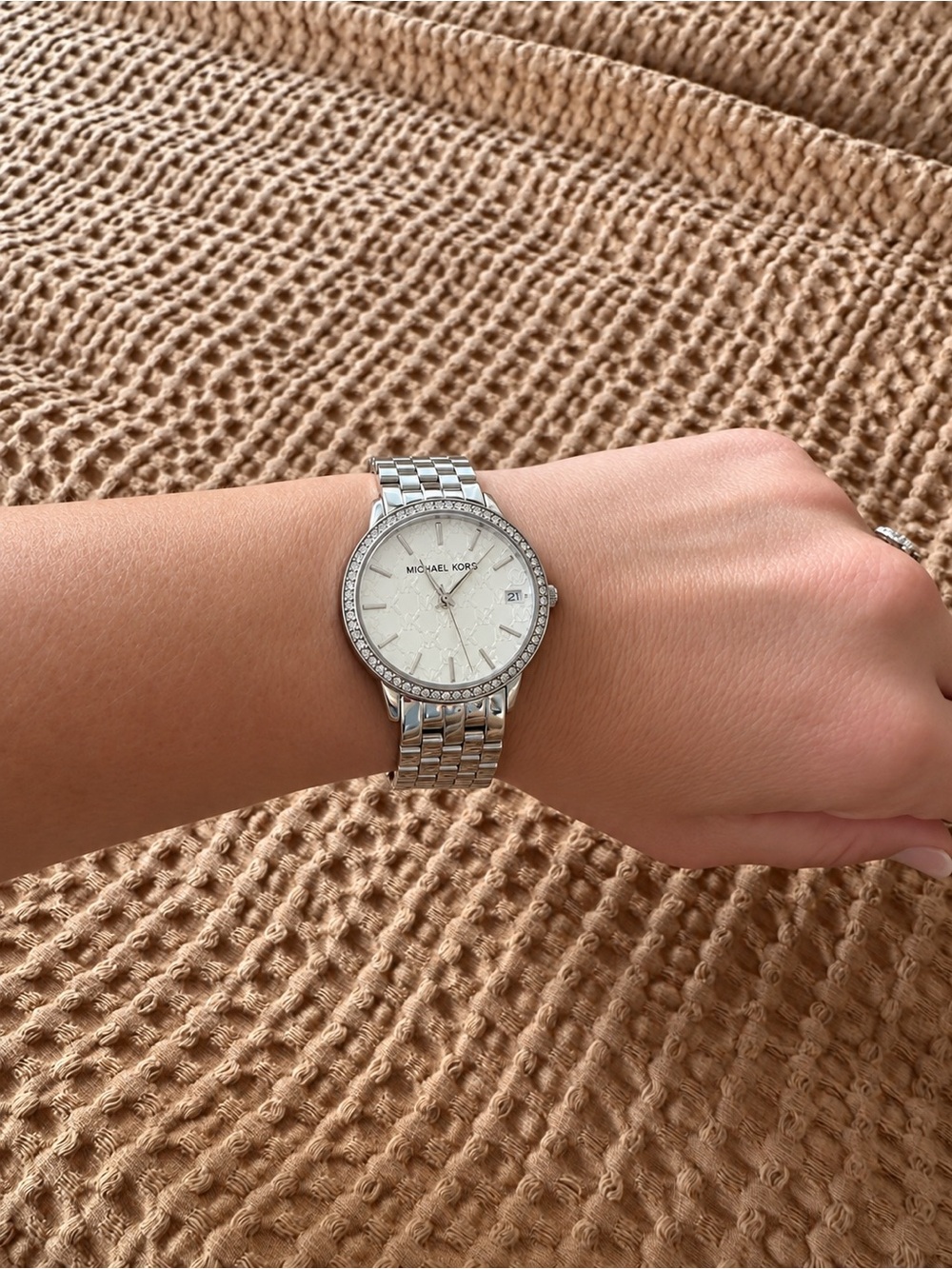 Michael Kors Silver Crystal Bezel Women's Bracelet Watch - White Dial